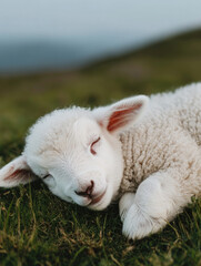Fototapeta premium Lamb resting peacefully on green lawn during a serene afternoon