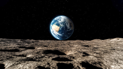 A breathtaking view showcases Earth rising above the moon's rugged surface under a starry sky. The clarity of the moment captivates, combining celestial beauty and cosmic wonder.