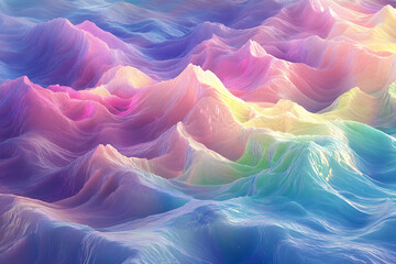 Fototapeta premium A stunning abstract landscape featuring flowing pastel-colored waves resembling dreamy mountains or ocean currents. The soft hues of pink, blue, and yellow create a surreal, ethereal