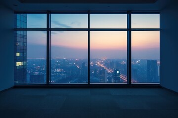 Fototapeta premium Large window see cityscape in evening architecture building daylighting.