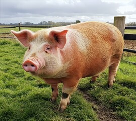 Pink Pig Grazing in Green Field Under Cloudy Sky a Serene Pastoral Scene of Rural Life