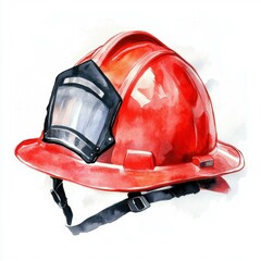 Realistic Watercolor Painting Depiction of a Firefighter Helmet with a Visor and Black Strap