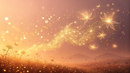 Naklejka premium Luminous Gold Dust Particles Floating in a Soft, Warm Gradient Atmosphere mesmerizing scene featuring delicate gold dust particles suspended in a soft, glowing atmosphere. 