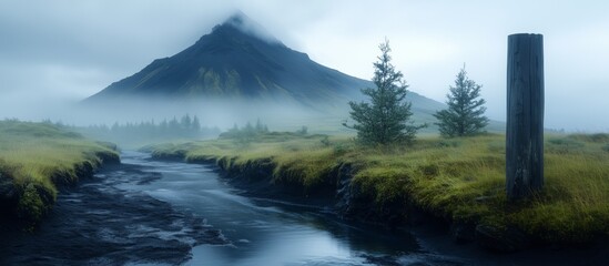 A misty mountain scene with a stream flowing through a meadow, shrouded in fog and atmospheric lighting creating a serene landscape.