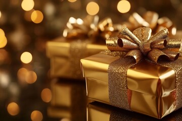 golden gift boxes with bows
