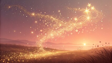 Naklejka premium Luminous Gold Dust Particles Floating in a Soft, Warm Gradient Atmosphere mesmerizing scene featuring delicate gold dust particles suspended in a soft, glowing atmosphere. 