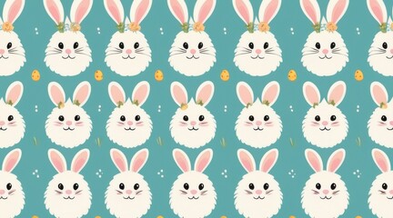 Seamless Pattern of Cute White Fluffy Bunnies with Floral Crowns on Teal Background