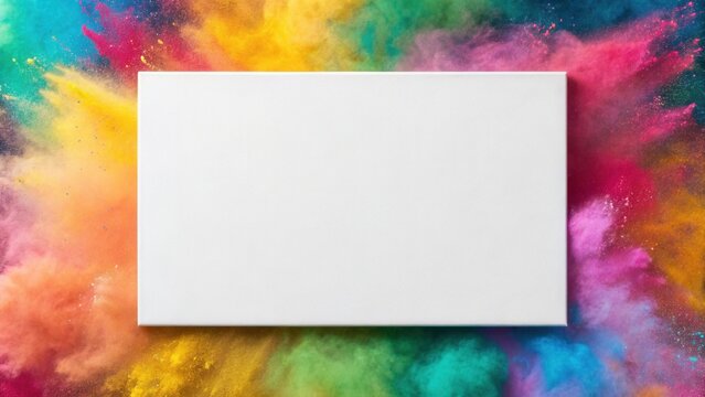 Blank canvas frame on colorful powder expolsion background