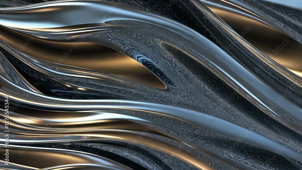 Poster smooth liquid metal flows in elegant waves, reflecting bright light and creating dynamic designs in 
