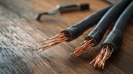 Damaged cables with exposed copper on a wooden desk. Featuring frayed edges and broken insulation