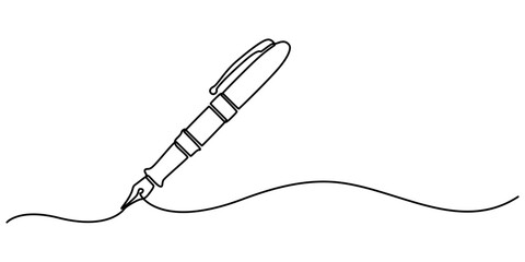 Pen Signature Continuous Line Icon, Continuous one line drawing writing pen isolated minimalist linear illustration made of single line vector illustration, pro.                                    