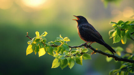 blackbird perched on vibrant green branch, singing joyfully in morning light