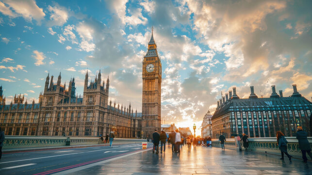 Sunset view of Big Ben and Houses of Parliament in London, showcasing beautiful clouds and vibrant colors