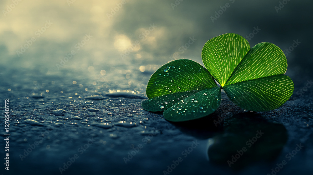 Poster close-up of a clover leaf with water droplets on a reflective surface, symbolizing freshness, nature