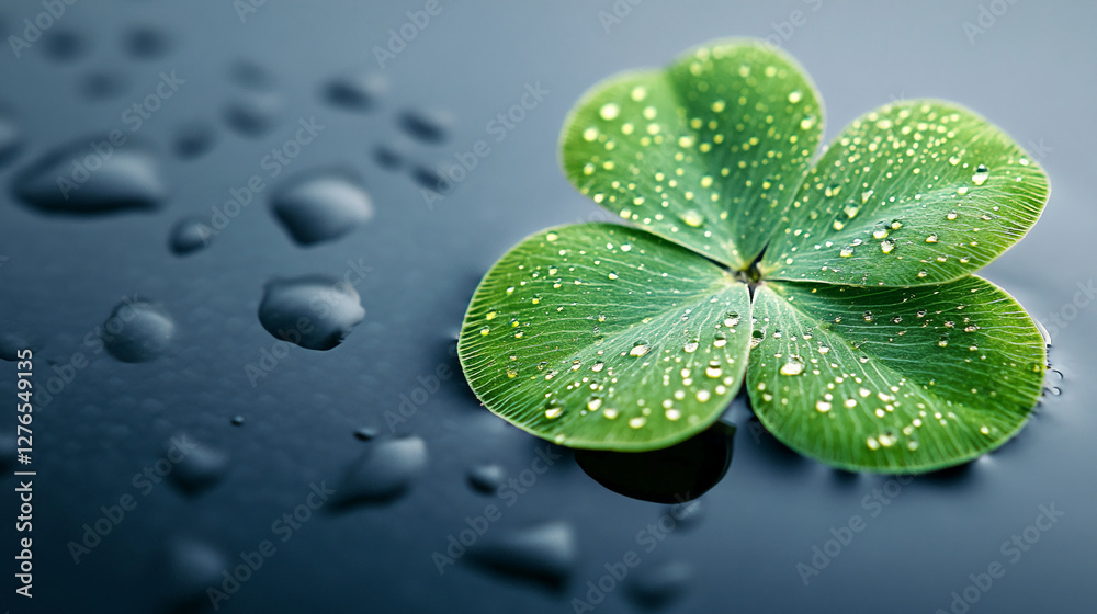 Poster close-up of a clover leaf with water droplets on a reflective surface, symbolizing freshness, nature