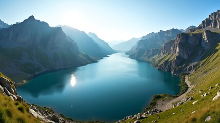 Panoramic Mountain and Lake Reflection A Serene Natural Landscape