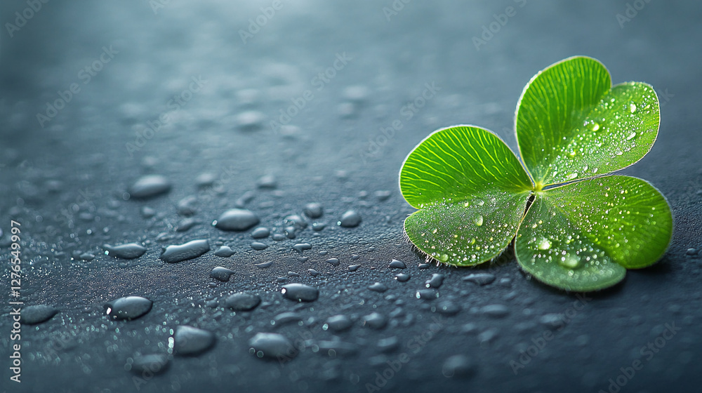 Poster close-up of a fresh clover leaf with water droplets on a reflective surface, symbolizing nature, pur