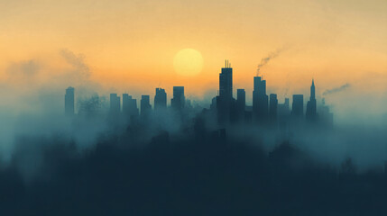 Fototapeta premium city skyline shrouded in smog at sunset, illustrating pollution effects