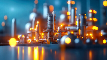 Oil refinery plant with robotic automation, glowing lights, industrial setting, advanced technology, machinery, energy