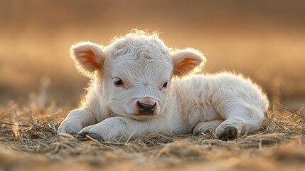 Fototapeta premium Adorable White Calf at Golden Hour