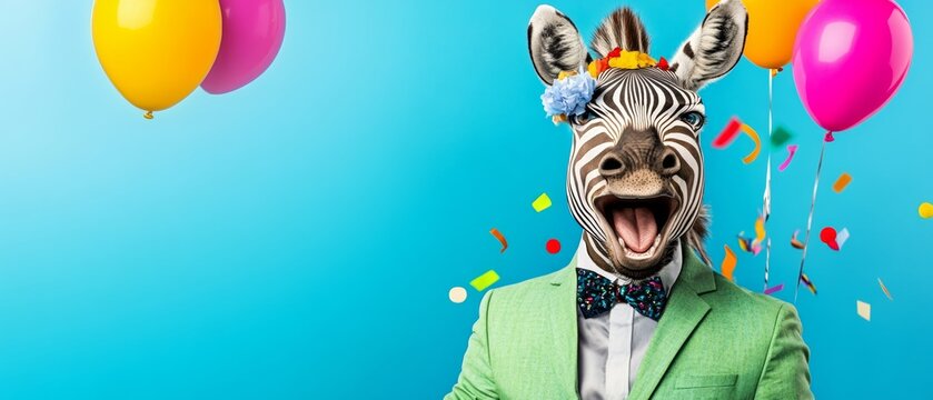 Zebra wearing a suit and a party hat is surrounded by balloons. The balloons are in various colors and sizes, and they are scattered all around the zebra. The image conveys a festive