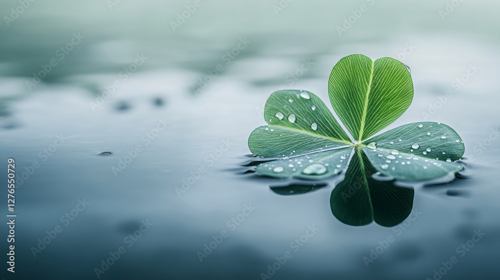 Poster close-up of a clover leaf with water droplets on a reflective surface, symbolizing freshness, luck, 