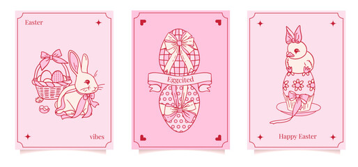 Groovy pink Easter eggs ornated with hearts dots stars flowers vector illustration set isolated on white. Hand drawn linear happy Easter holiday print poster postcard themed graphics.