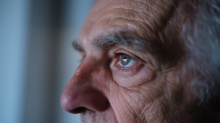 Obraz premium Homme âgé au regard perçant, portrait de profil en gros plan avec rides marquées.