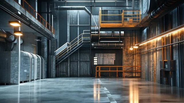 Industrial Interior: A compelling depiction of an industrial interior, showcasing the raw essence of modern infrastructure through clean lines, metallic accents, and strategic lighting.