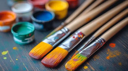 Fototapeta premium Colorful Paint Brushes Resting on a Wooden Surface