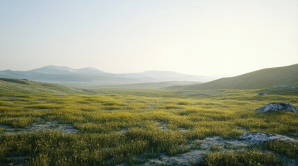 vast tundra landscape with low vegetation and gentle hills under clear sky. serene atmosphere invites exploration and reflection