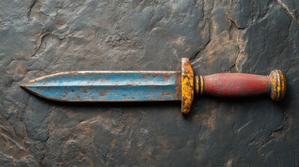 Worn Wooden Dagger on Dark Stone Background