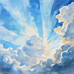Celestial Rays:  A watercolor painting of sunbeams breaking through clouds