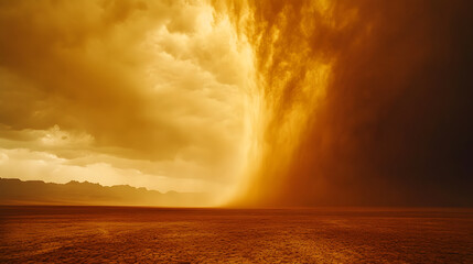 A dramatic scene of a dust storm rising against a yellow-orange sky, creating a surreal and powerful atmosphere in a barren landscape