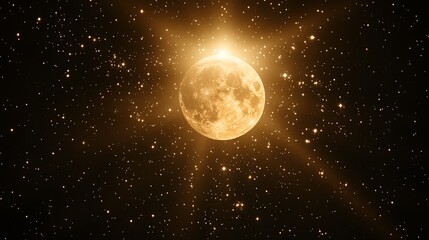 Bright golden moon illuminating the night sky filled with stars, creating a serene celestial scene