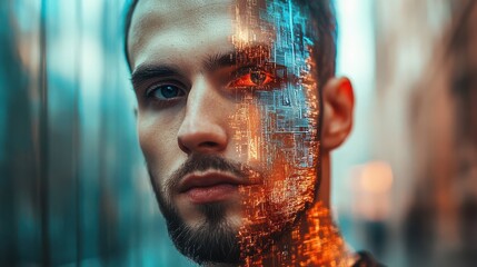 An artistic portrait showcasing a man's face split by digital designs, emphasizing the duality of human emotion and technological influence in modern life.