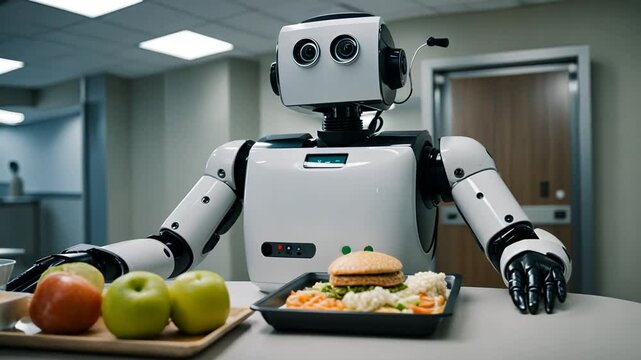 Robot with a tray of food in the hospital.
