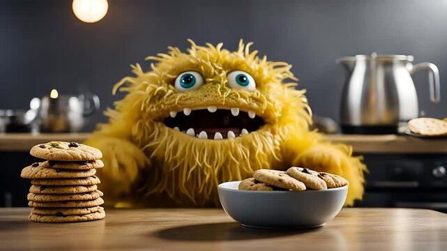 Monster eating cookies.