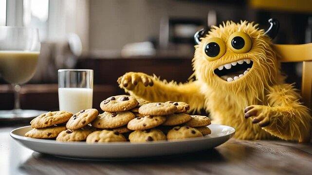 Monster eating cookies.