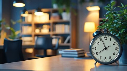 Modern workspace clock, home office, plants, blurred background