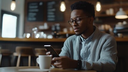 Social media rumors affecting a young professional at a coffee shop. Featuring distraction and uncertainty