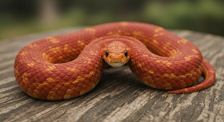 Obraz premium Corn Snake Coiled on Wood Surface Looking Directly at the Camera