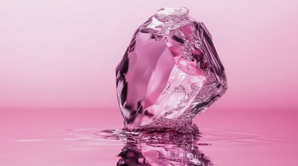A stunning pink crystal emerges from rippling water, creating a captivating visual effect that symbolizes beauty, transparency, and the allure of nature's creations.