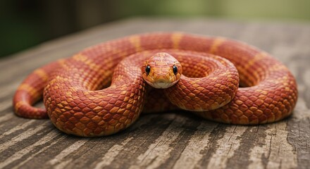 Fototapeta premium Coiled Corn Snake Portrait on Rustic Wood with Scales Detail