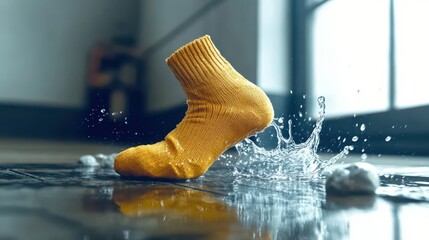 Another view of a yellow sock making splashes in water, evoking the feelings of joy, spontaneity and the carefree spirit associated with playful moments.