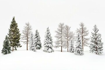 Fototapeta premium Set of tree pine in winter isolated on white background, Selective focus group of snow tree for garden decoration on white, Varies of tree cover with snow.