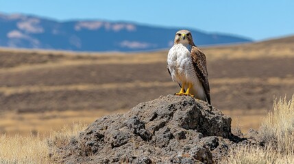 Hawk Perched on Rock, Desert Landscape Background.  Possible use Nature, Wildlife