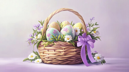 Fototapeta premium Decorative Easter basket filled with colorful painted eggs, flowers, and greenery, adorned with a purple ribbon, symbolizing spring, celebration and festive holiday traditions.