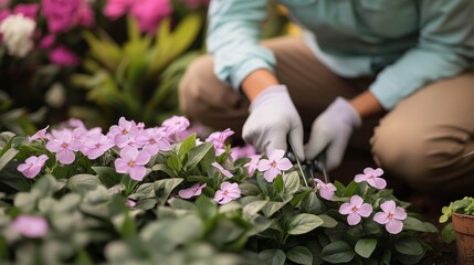 Gardener in gloves pruning pink periwinkle flowers in a lush garden. The scene showcases vibrant greenery, delicate blossoms, and careful plant care, highlighting the beauty of gardening in springtime