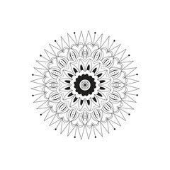 Mandala Design Black And White Illustration Symmetrical Floral Pattern Detailed Line Work Ornate Petals Geometric Shapes Radial Symmetry Zentangle Inspired Monochrome Artwork Spiritual Symbol